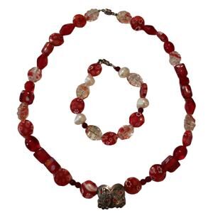 Millefiori Red Glass & Water Pearls Beaded Necklace and Bracelet Set Little Girl